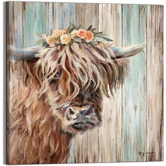 Highland Cow Picture Wall Decor Canvas Painting Art Vintage Country Farmhouse - Picture 8 of 9